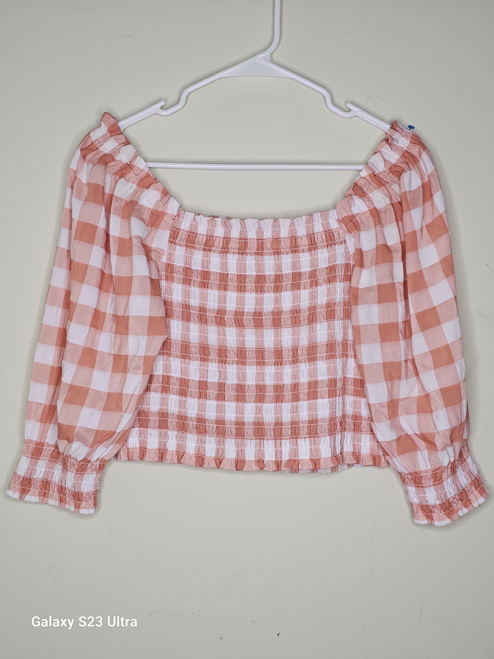 Smocked Off-Shoulder Gingham Top - Coral White